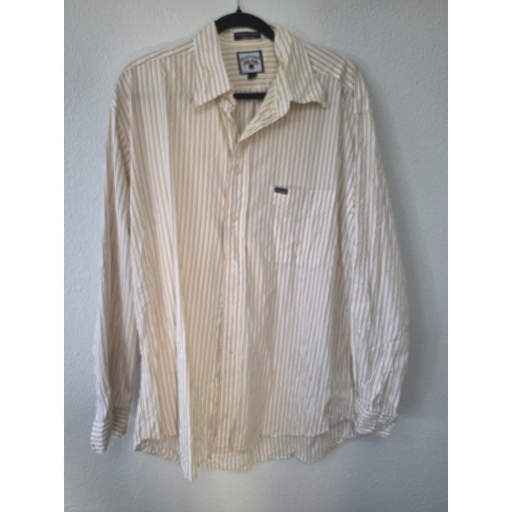 Faconnable Men Cotton Button-Up Shirt L Yellow White Striped Long Sleeve